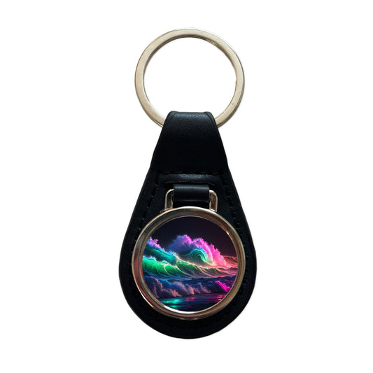 Neon Ocean Waves Beach Black Leather Metal Keychain
