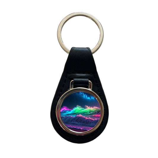 Neon Ocean Waves Night Black Leather Metal Keychain