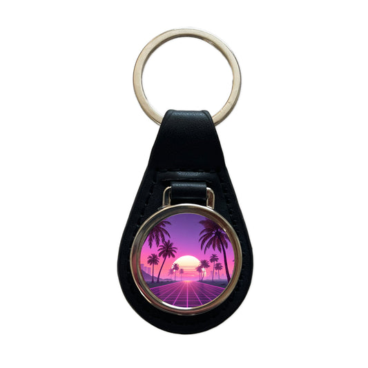 Neon Pinks Purples Palm Trees Sun Setting Black Leather Metal Keychain