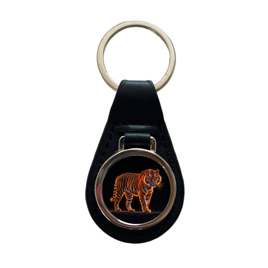Neon Tiger Orange Black Leather Metal Keychain