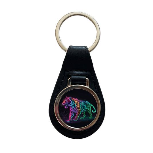 Neon Tiger Stunning Black Leather Metal Keychain