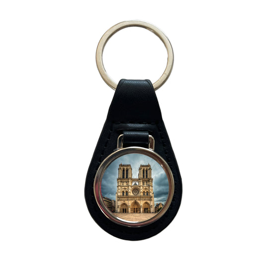 Notre Dame Cathedral Paris France Black Leather Metal Keychain