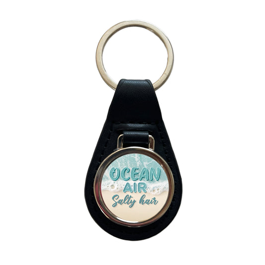 Ocean Air Salty Hair Sea Foam Beach Black Leather Metal Keychain