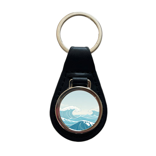 Ocean Waves High Surf Black Leather Metal Keychain