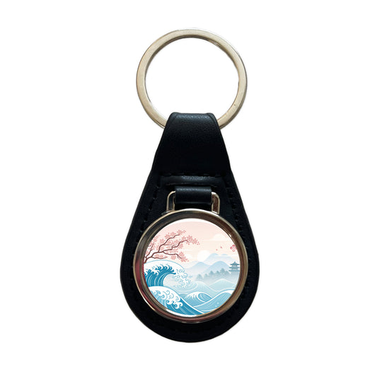 Ocean Waves Japanese Style Cherry Blossoms Black Leather Metal Keychain