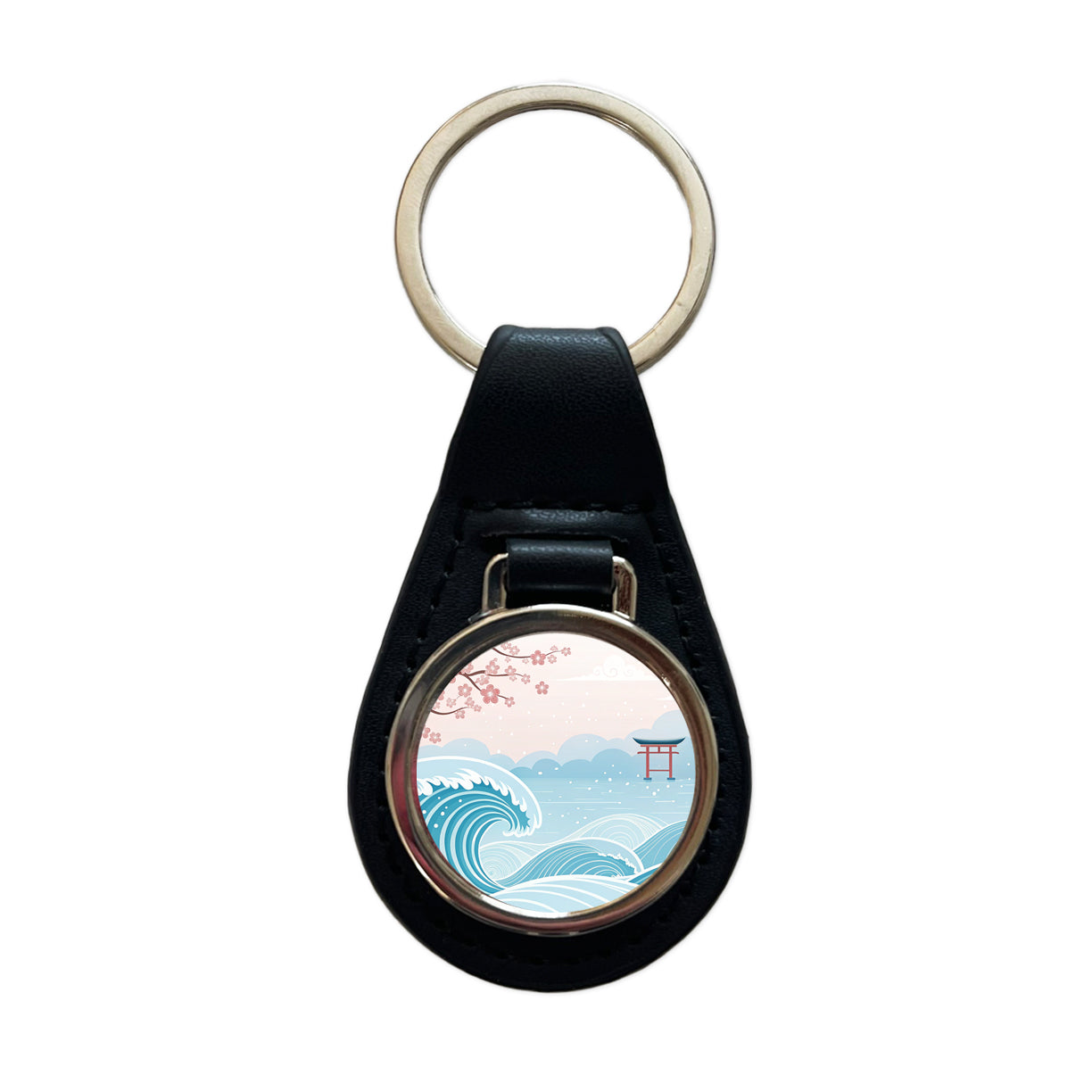 Ocean Waves Japanese Style Drawing Cherry Blossoms Black Leather Metal Keychain