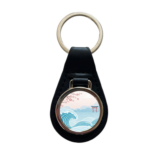 Ocean Waves Japanese Style Drawing Cherry Blossoms Black Leather Metal Keychain