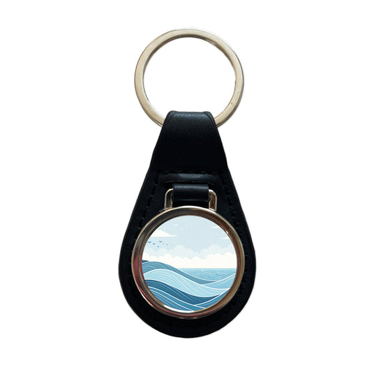 Ocean Waves Sketch Black Leather Metal Keychain