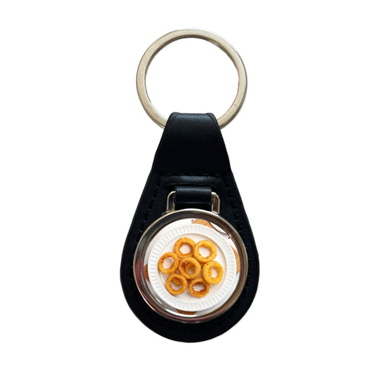 Onion Rings Plate Snack Black Leather Metal Keychain