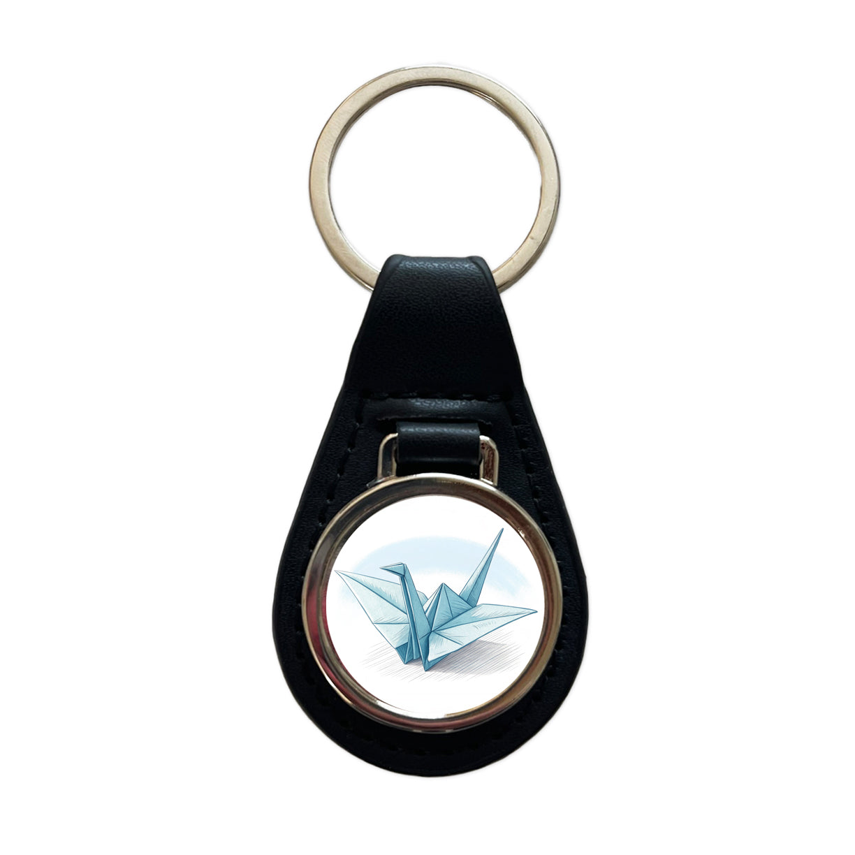Origami Illustration Paper Crane Black Leather Metal Keychain