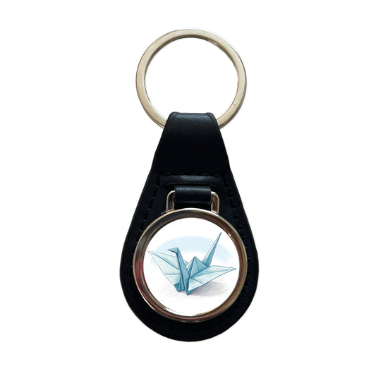 Origami Illustration Paper Crane Black Leather Metal Keychain