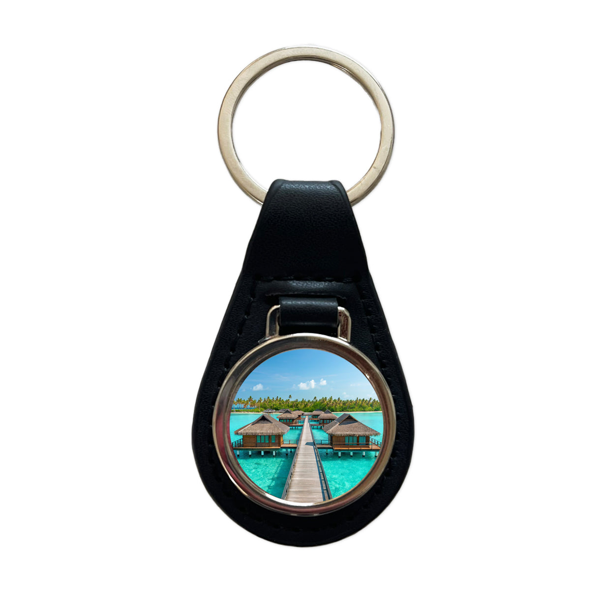 Over Water Bungalows Stunning Tropical Island Black Leather Metal Keychain
