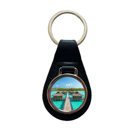 Over Water Bungalows Stunning Tropical Island Black Leather Metal Keychain
