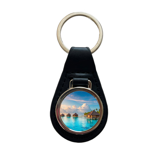 Over Water Bungalows Tropical Paradise Black Leather Metal Keychain