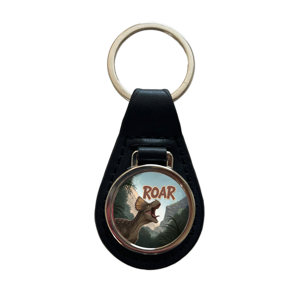 Pachycephalosaurus Roar Bold Dinosaur Black Leather Metal Keychain
