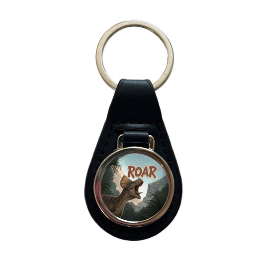 Pachycephalosaurus Roar Bold Dinosaur Black Leather Metal Keychain