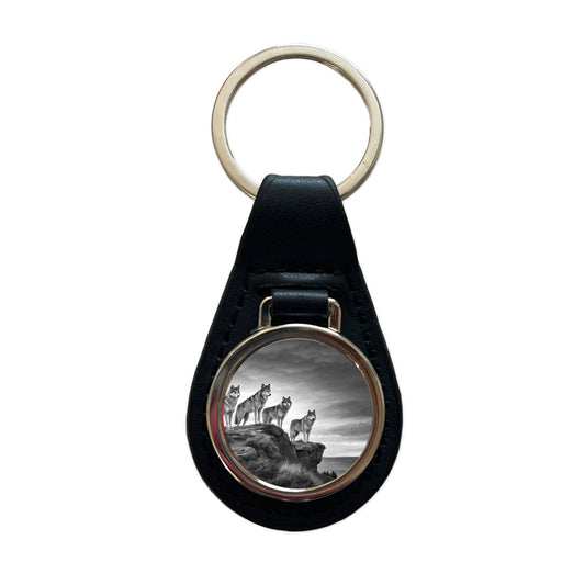 Pack Of Wolves On A Cliff Black White Black Leather Metal Keychain