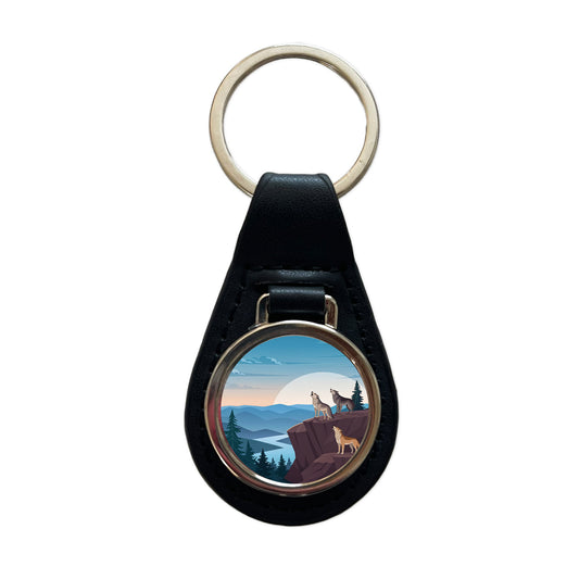 Pack Of Wolves On Cliff Drawing Black Leather Metal Keychain