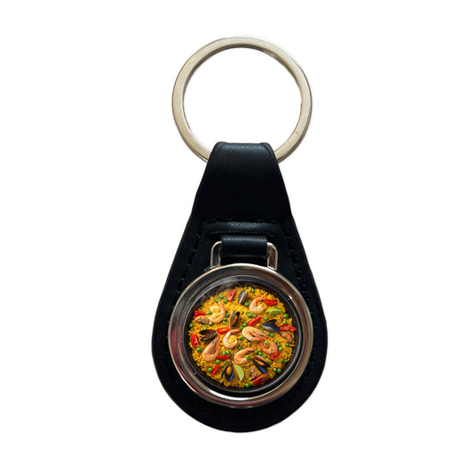 Paella Spanish Rice Dish Black Leather Metal Keychain