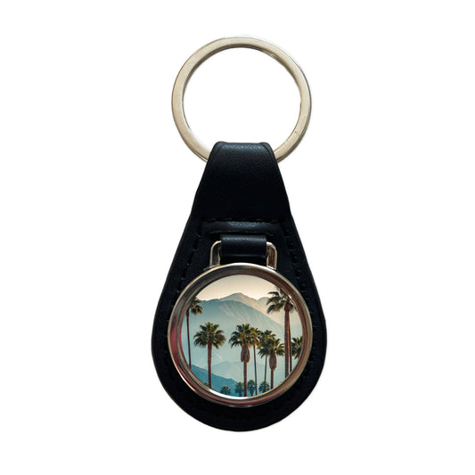 Palm Trees And Mountains Black Leather Metal Keychain