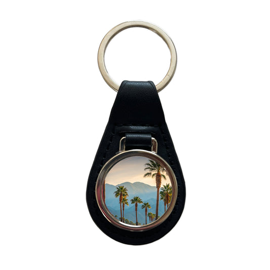 Palm Trees Mountains In Background Black Leather Metal Keychain