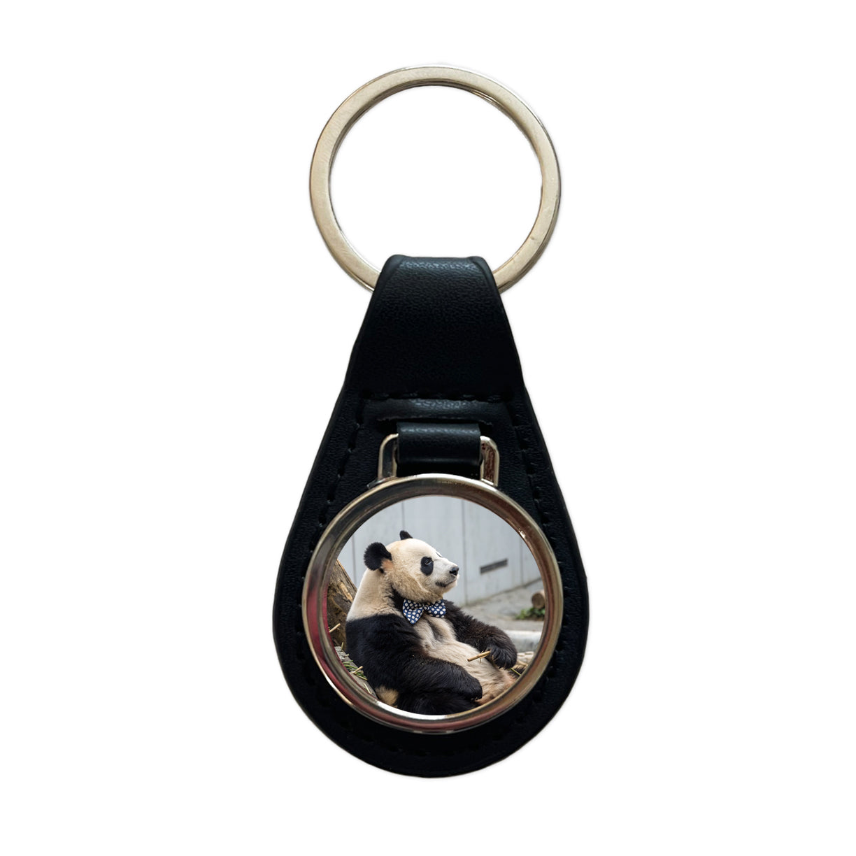 Panda Wearing Bow Tie Black Leather Metal Keychain