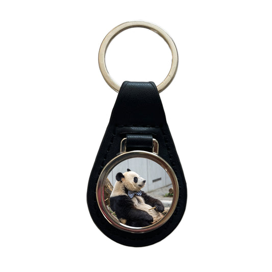 Panda Wearing Bow Tie Black Leather Metal Keychain