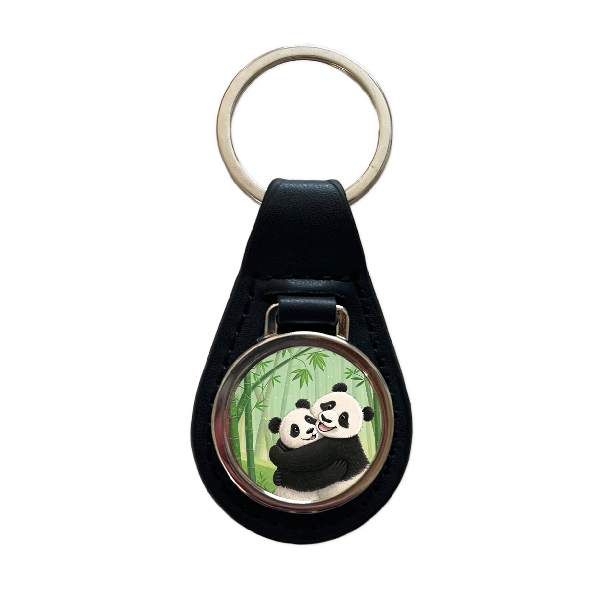 Pandas Hug Love Anniversary Black Leather Metal Keychain