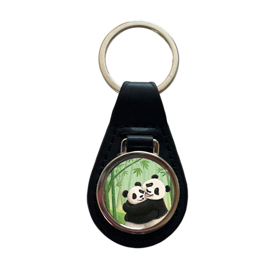 Pandas Hug Love Anniversary Black Leather Metal Keychain