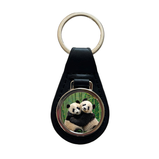 Pandas Hugging Love Black Leather Metal Keychain