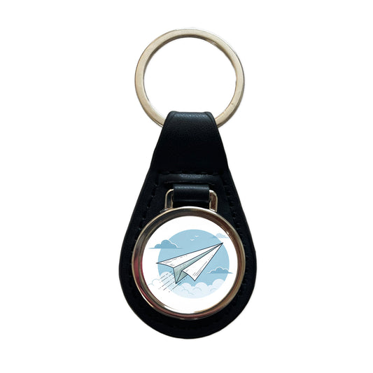 Paper Airplane Illustration Flying Sky Black Leather Metal Keychain