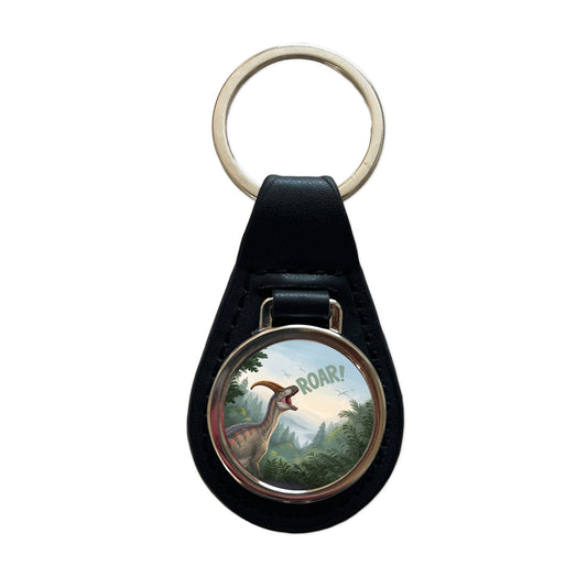 Parasaurolophus Roar Dinosaur Funny Black Leather Metal Keychain