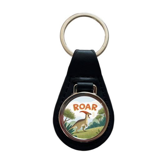 Parasaurolophus With Roar Bold Dinosaur Black Leather Metal Keychain