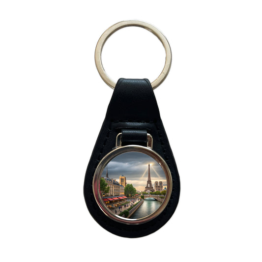 Paris France Cloudy Eiffel Tower Black Leather Metal Keychain