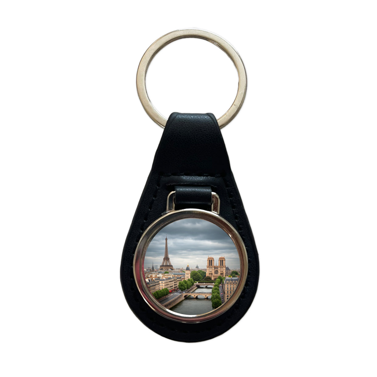 Paris France Travel Eiffel Tower Notre-Dame City Black Leather Metal Keychain