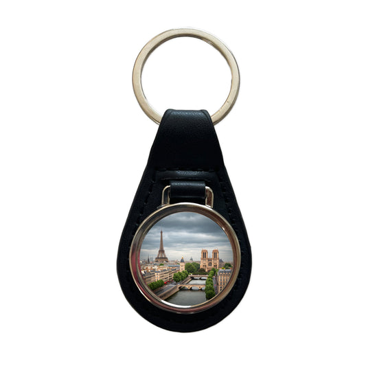 Paris France Travel Eiffel Tower Notre-Dame City Black Leather Metal Keychain