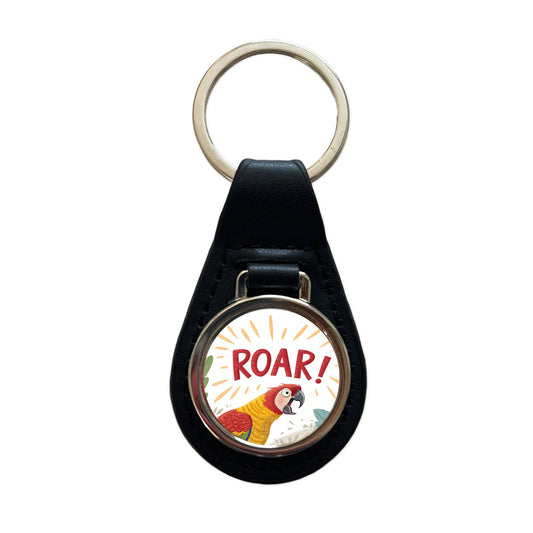Parrot With Roar Bold Text Funny Black Leather Metal Keychain