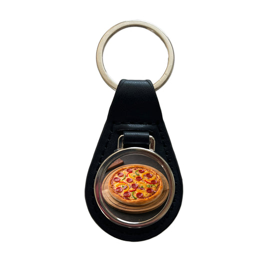 Pepperoni Pepper Pizza Black Leather Metal Keychain