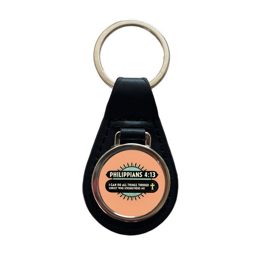 Philippians I Can Do All Things Through Christ Bible Christian Black Leather Metal Keychain