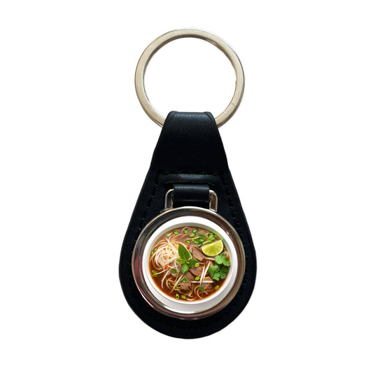 Pho Vietnamese Soup Bowl Black Leather Metal Keychain