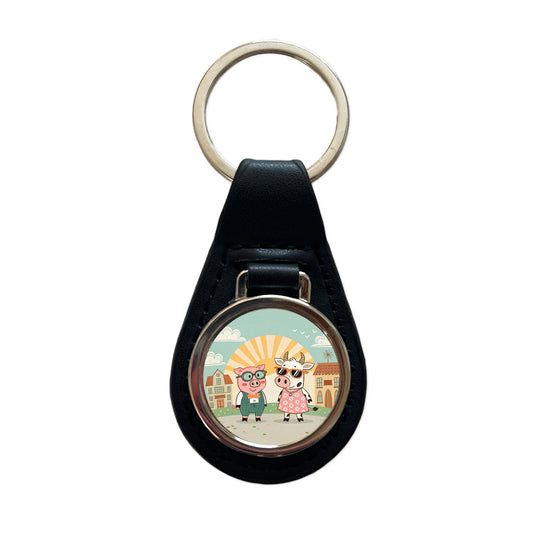 Pig And Cow Wearing Glasses Sunglasses Black Leather Metal Keychain
