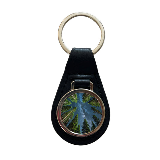 Pine Trees Looking Up Star Packed Sky Black Leather Metal Keychain