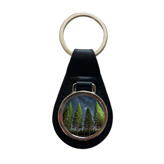 Pine Trees Star Packed Sky Black Leather Metal Keychain