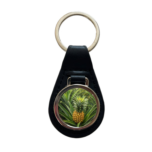 Pineapple Plant Black Leather Metal Keychain