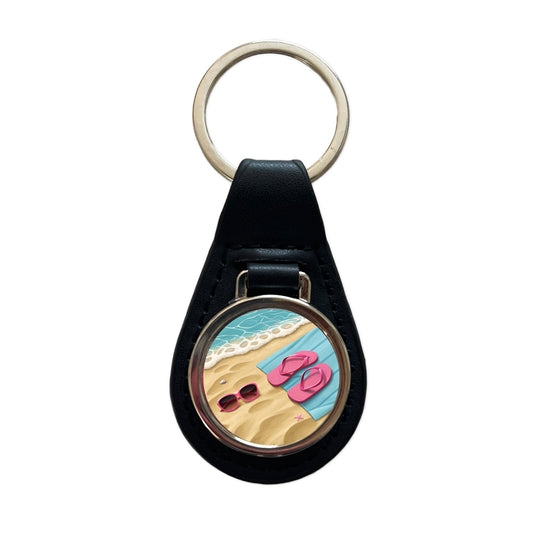 Pink Sunglasses Flip Flops Towel On Sand Beach Black Leather Metal Keychain