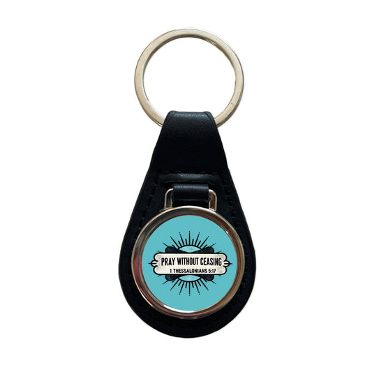 Pray Without Ceasing Bible Verse Blue Black Leather Metal Keychain