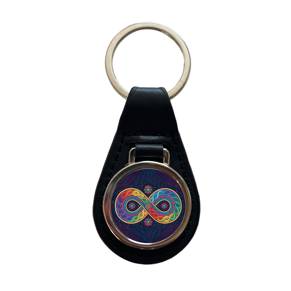Psychedelic Patterns And Infinite Loops Colorful Black Leather Metal Keychain