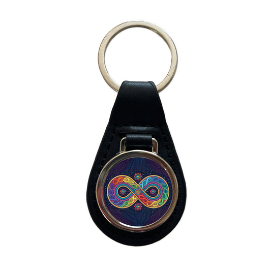 Psychedelic Patterns And Infinite Loops Colorful Black Leather Metal Keychain