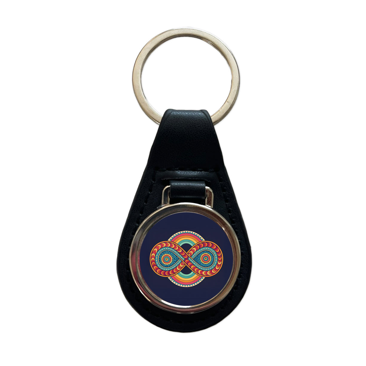 Psychedelic Patterns Groovy Infinite Loops Black Leather Metal Keychain