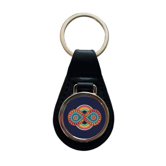 Psychedelic Patterns Groovy Infinite Loops Black Leather Metal Keychain